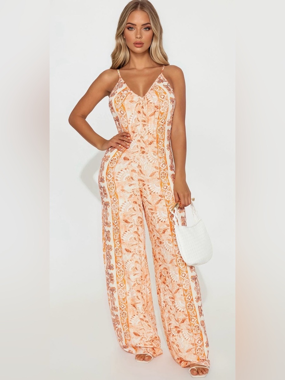 Fashion Nova Peach Floral Print Wide-Leg Jumpsuit